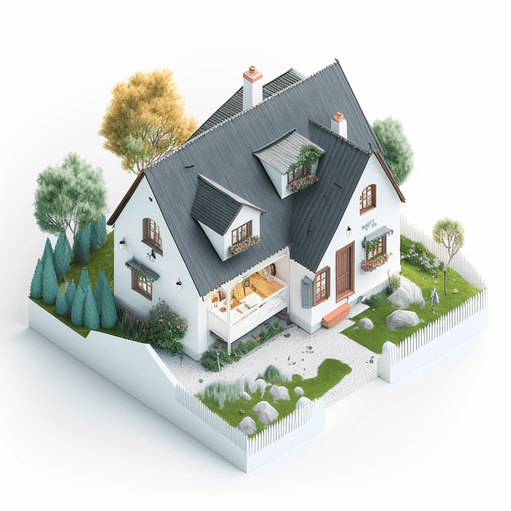 illustration 3D d'une maison son jardin vu isométrique